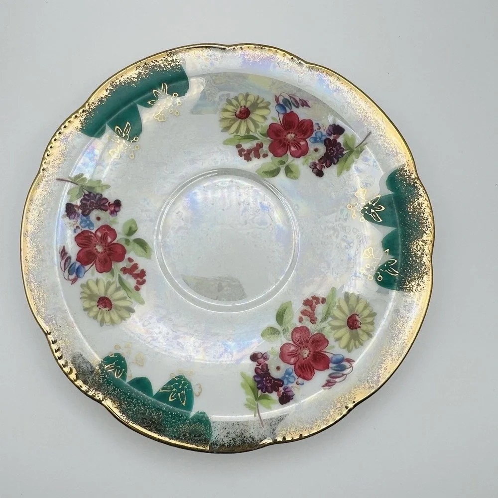 Trimont Ware Japan Pedestal Teacup Saucer Floral Gold Gilt Luster Vintage Tea Se
